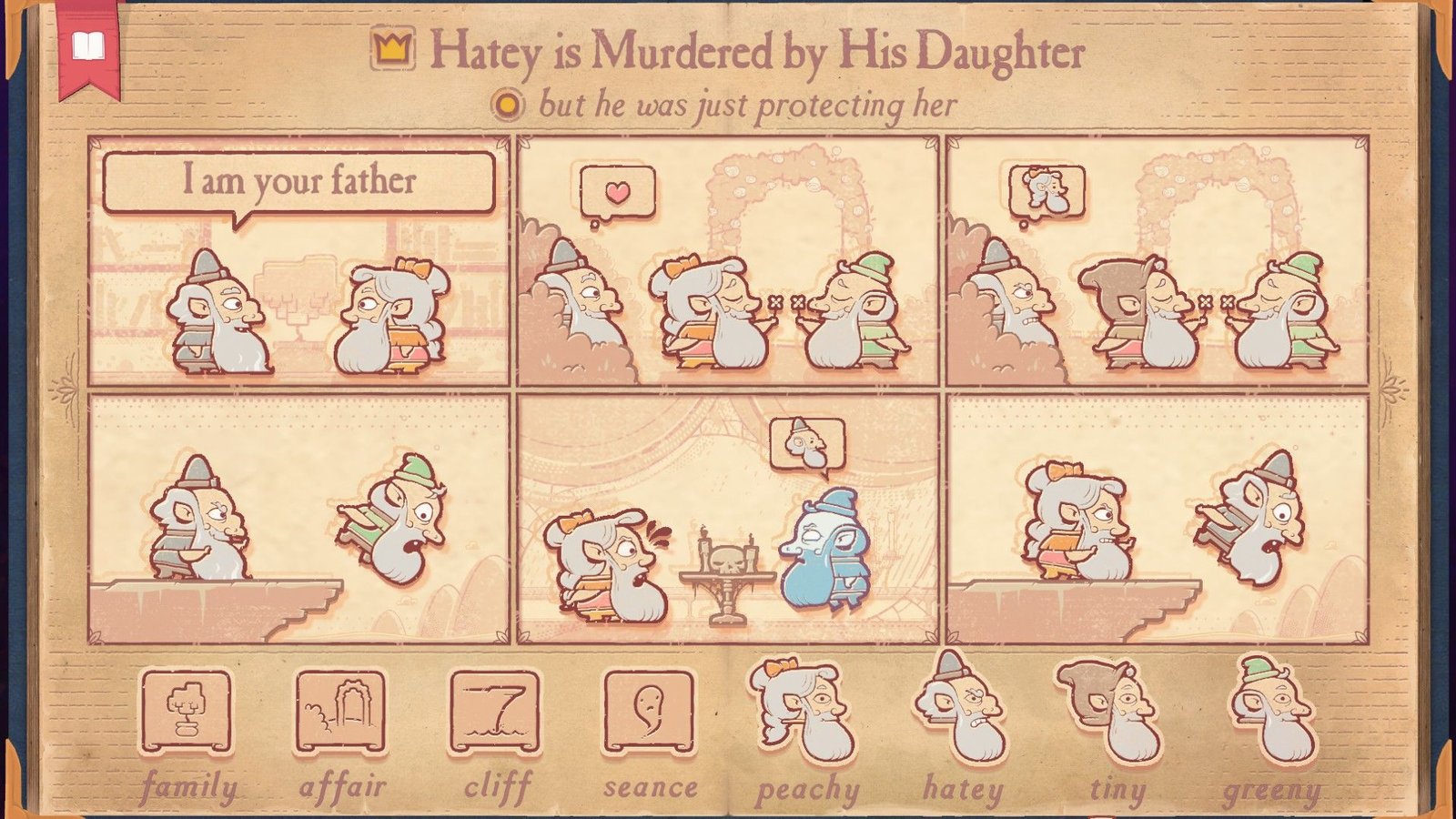 The solution for the Salome section of Storyteller, showing Hatey being murdered by his daughter, though she learns that he was protecting her.