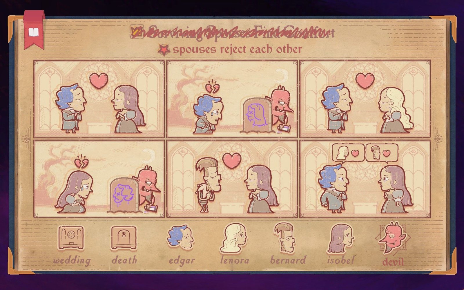 The solution to the devil section of Chapter 2 in Storyteller, showing spouses rejecting each other.