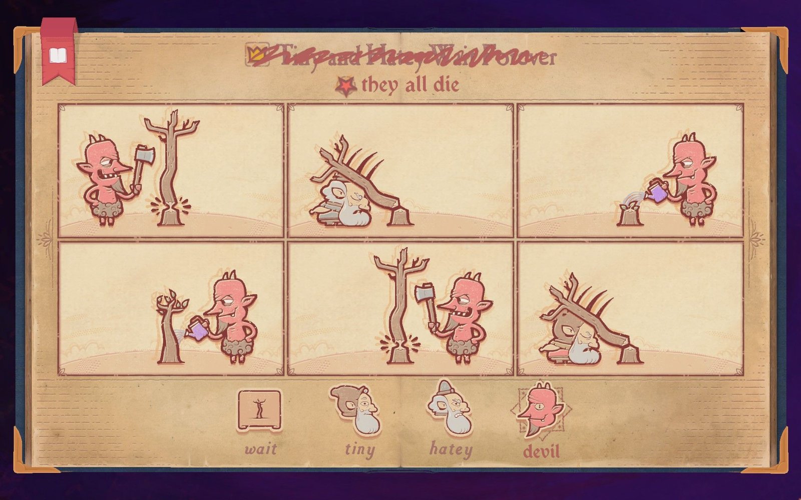 The solution to the devil section of Chapter 13 in Storyteller, showing Tiny and Hatey dying.