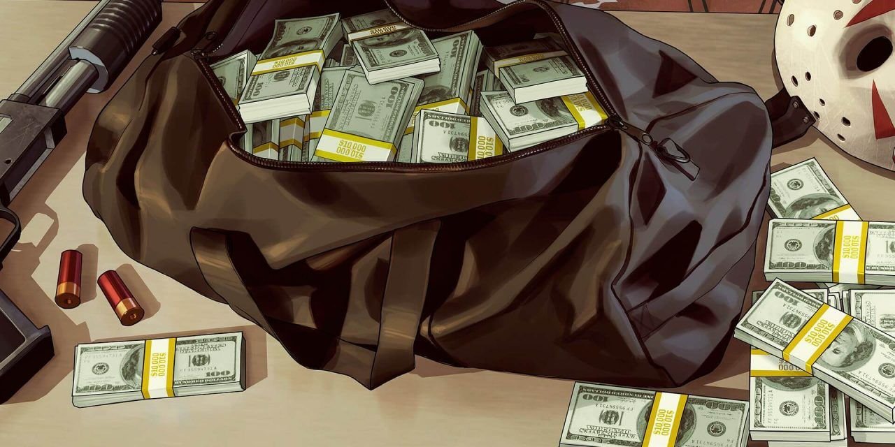 A duffel bag full of money, with a gun and a mask next to it