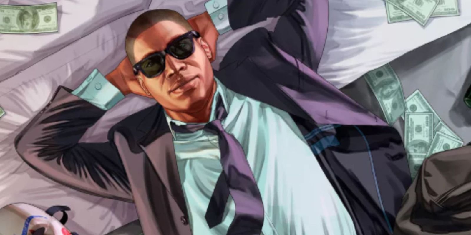 A man on a bed surrounded by money in Grand Theft Auto 5