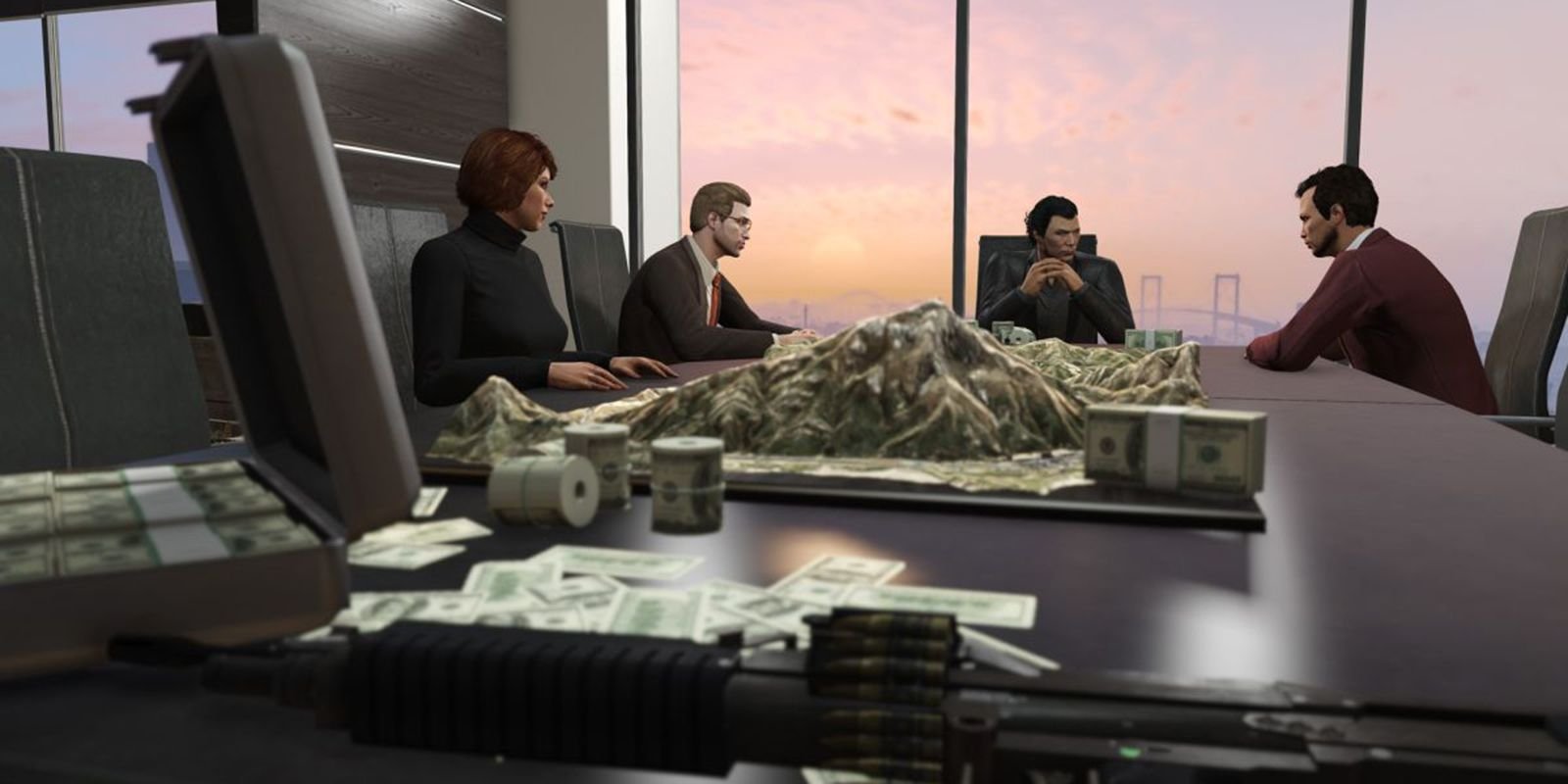 A meeting going on with stacks of cash in the middle of the table in Grand Theft Auto 5