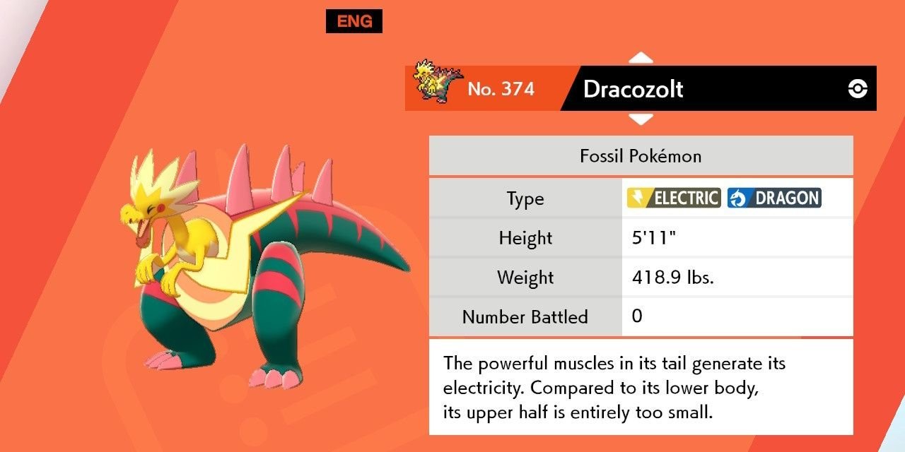 Dracozolt's Pokedex entry in Pokemon Sword & Shield.