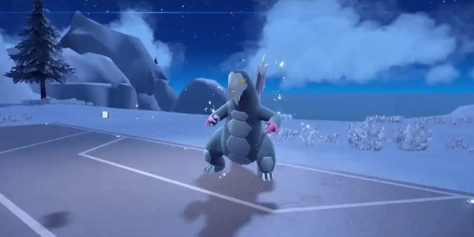 Pokemon Scarlet & Violet: Baxcalibur on an empty battle field.