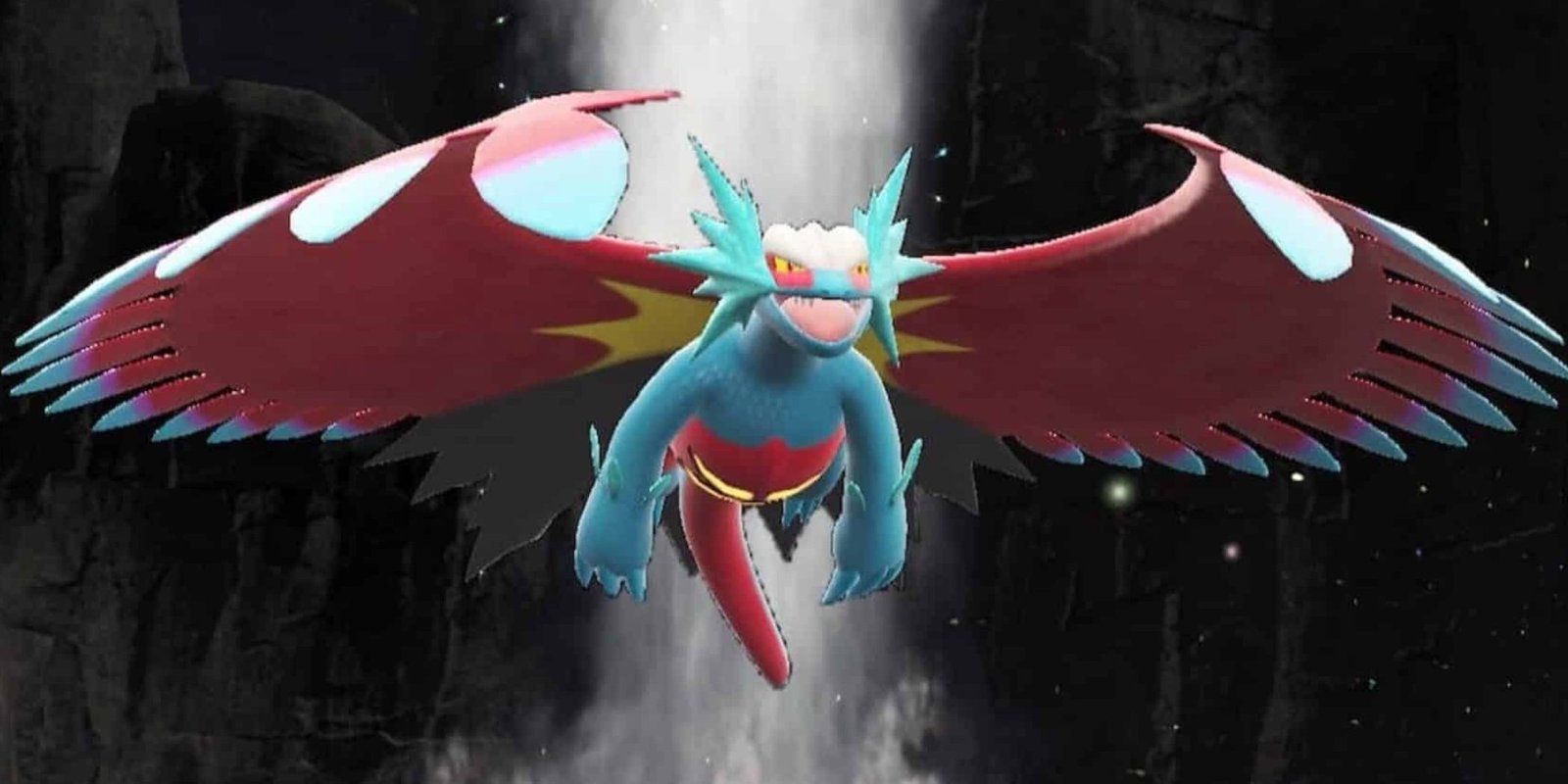 Roaring Moon floating angrily near a waterfall in Pokemon Scarlet & Violet.