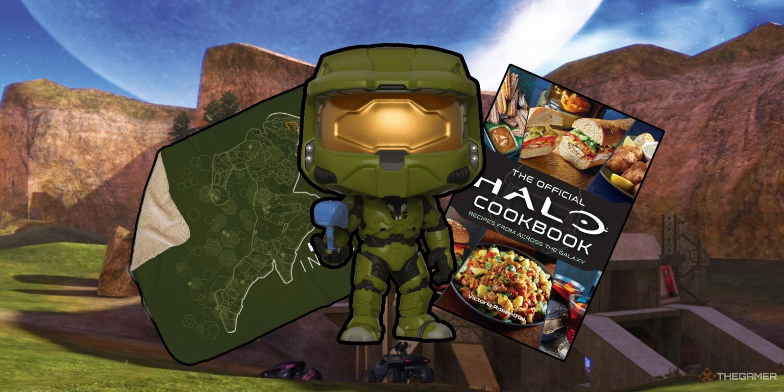 Halo Merch 2024 Featured Image Master Chief Funko With A Halo Blanket and Cookbook Either Side