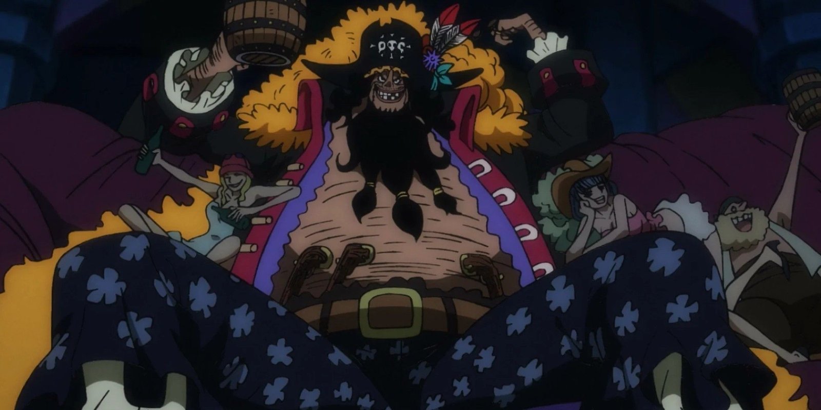 Blackbeard sitting and drinking beer in one piece