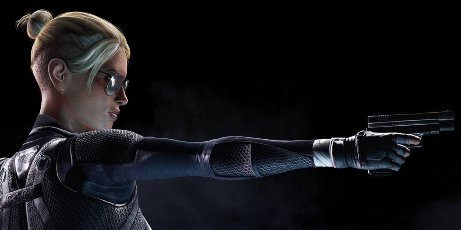 Cassie cage pointing gun in mortal kombat x