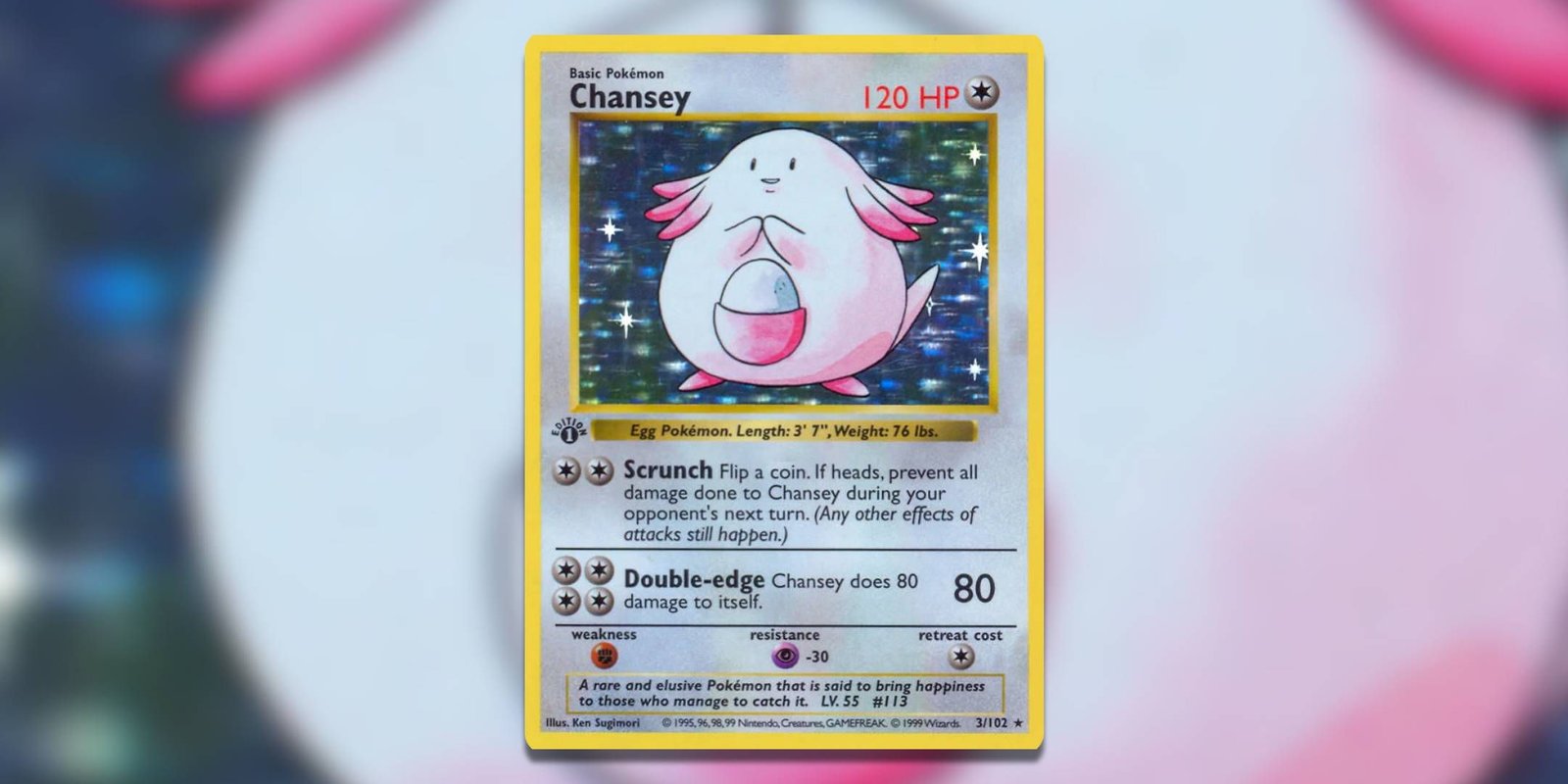 Image of the Pokemon TCG card Chansey Base Set Shadowless by Ken Sugimori.