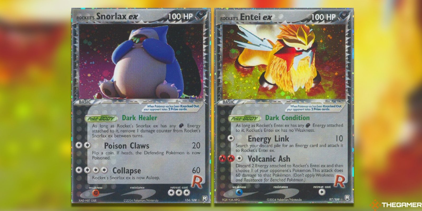 The Rocket's Snorlax and Entei Cards from Team Rocket Returns in the Pokemon TCG.