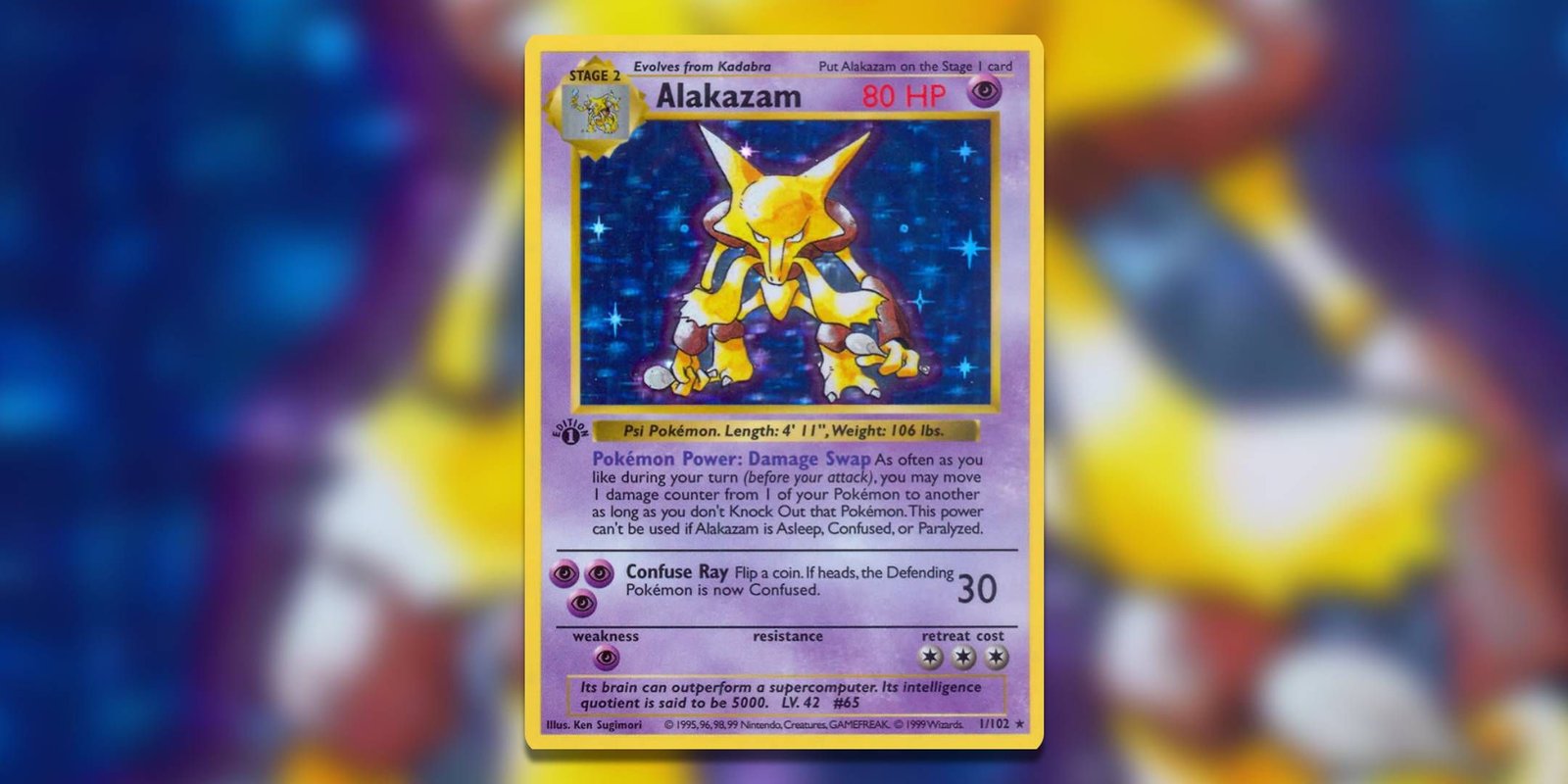 Image of the Pokemon TCG card Alakazam Base Set Shadowless by Ken Sugimori.
