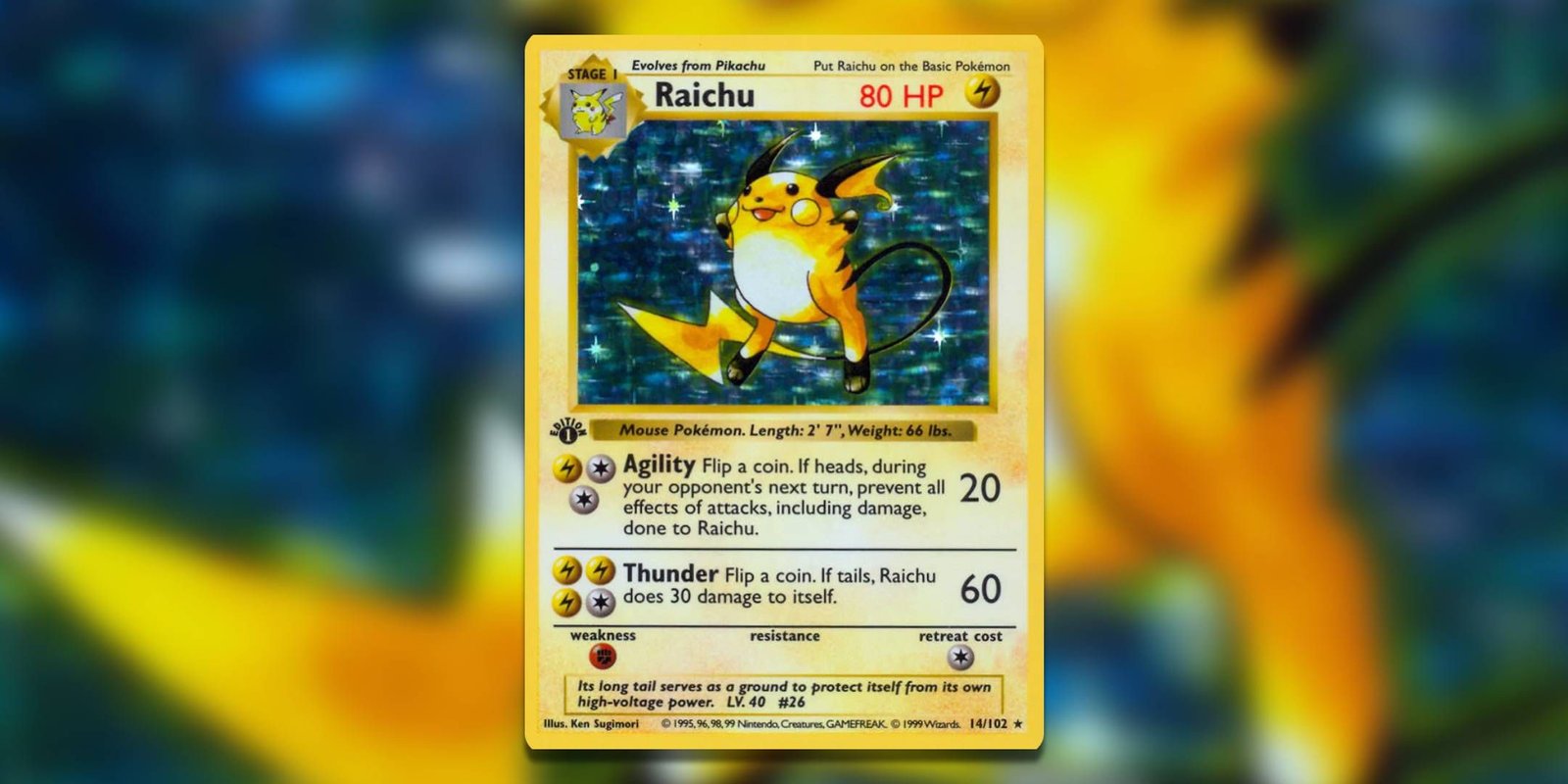 Image of the Pokemon TCG card Raichu Base Set Shadowless by Ken Sugimori.