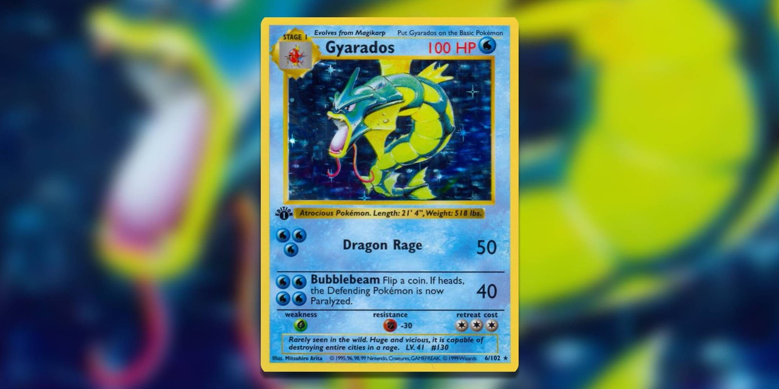 Image of the Pokemon TCG card Gyarados Base Set Shadowless by by Mitsuhiro Arita.