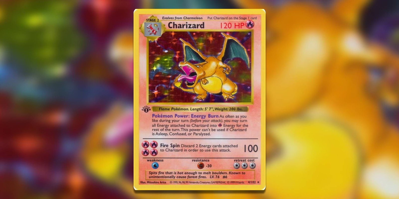 Image of the Pokemon TCG card Charizard Base Set First Edition Shadowless by Mitsuhiro Arita.