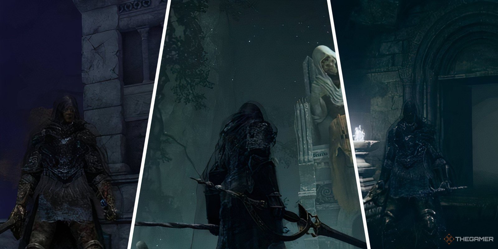 Split images of the Tarnished in various locations in Elden Ring.