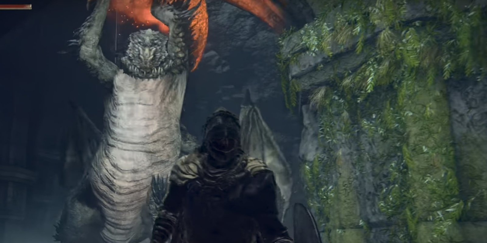 Magma Wyrm Makar raises its blade as it prepares to strike the Tarnished in Elden Ring.