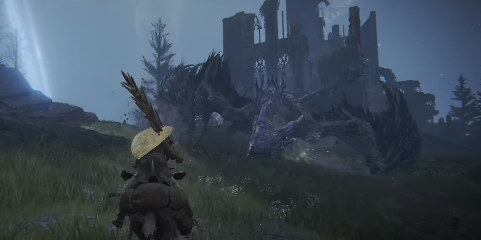 Glintstone Dragon Adula walks along the ground, closing the distance with The Tarnished in Elden Ring.