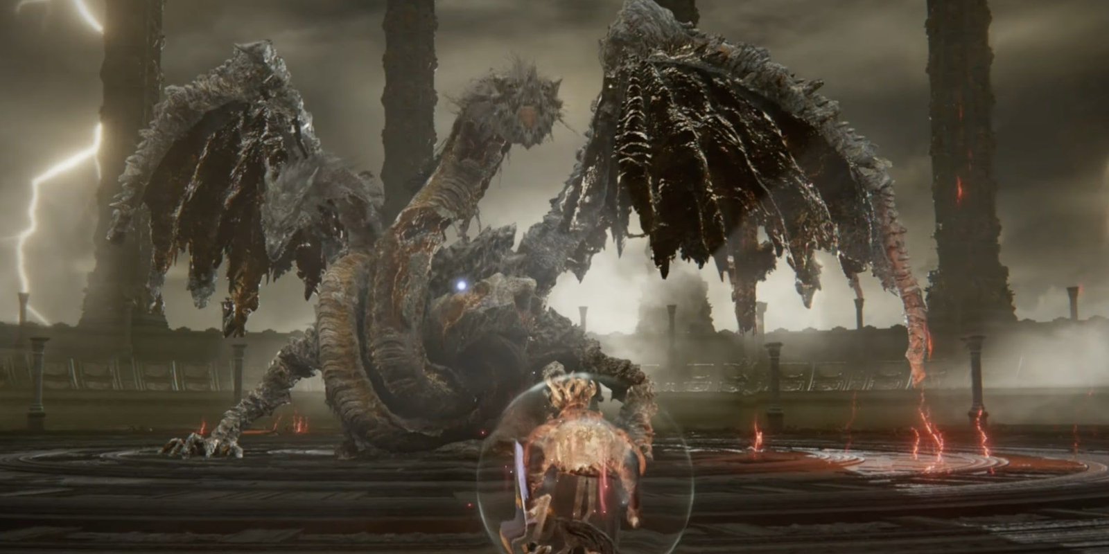 Dragonlord Placidusax coils its twin heads as it prepares to rain down lightning in Elden Ring.