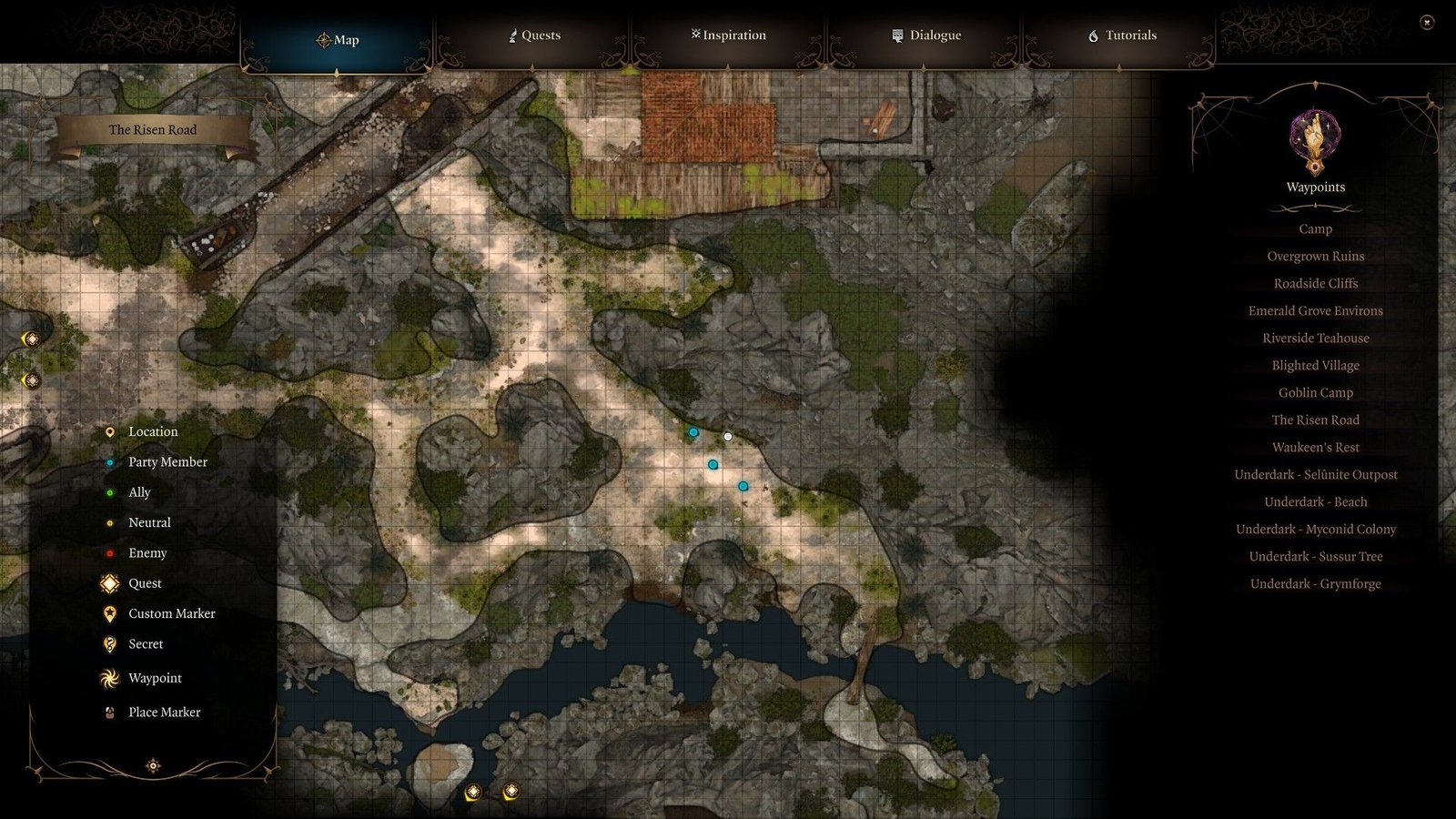 Baldur's Gate 3: An image of the map of the Risen Roads, focused on the location of the Toll House