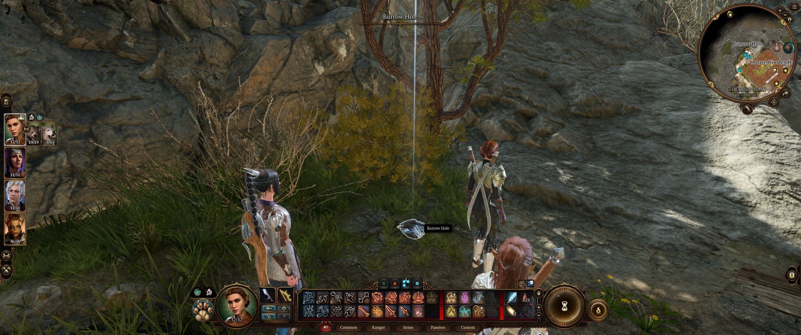 Baldur's Gate 3: The player, Lae'zel, and Shadowheart stand in front of the Burrow Hole