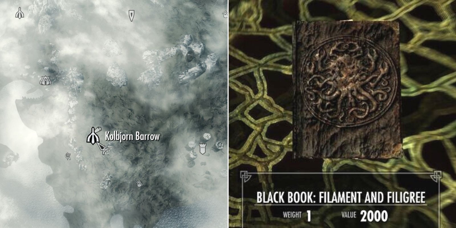Kolbjorn Barrow on the main map and the Black Book Filament And Filigree with its weight and value listed in Skyrim