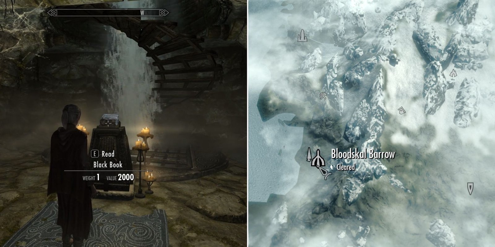 The Black Book The Winds Of Change on a pedestal in Bloodskal Barrow and Bloodskal Barrow on the map in Skyrim