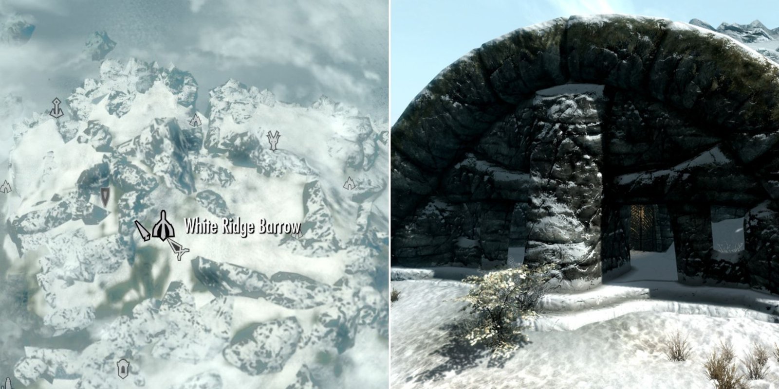 White Ridge Barrow on the map and the White Ridge Barrow Entrance in Skyrim
