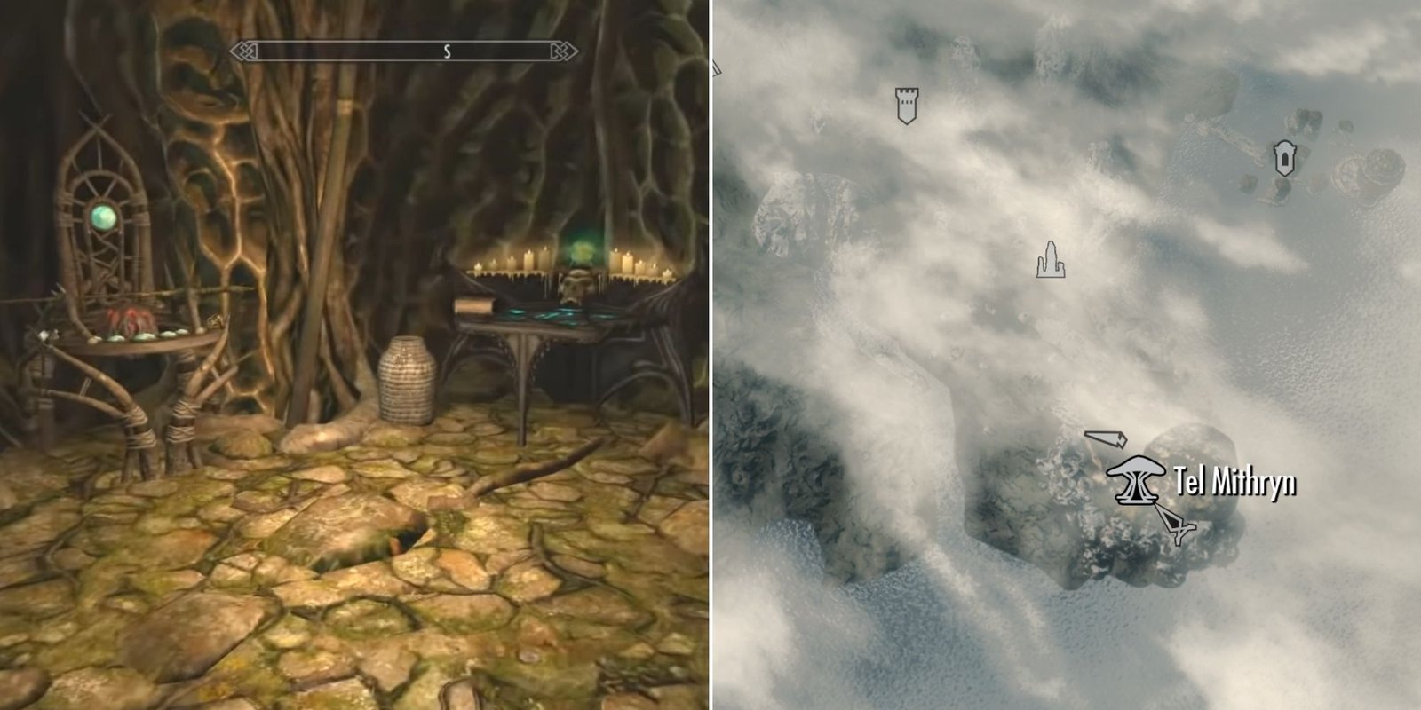 The Black Book The Hidden Twilight on a table in the locked room at Tel Mithryn and Tel Mithryn on the map in Skyrim