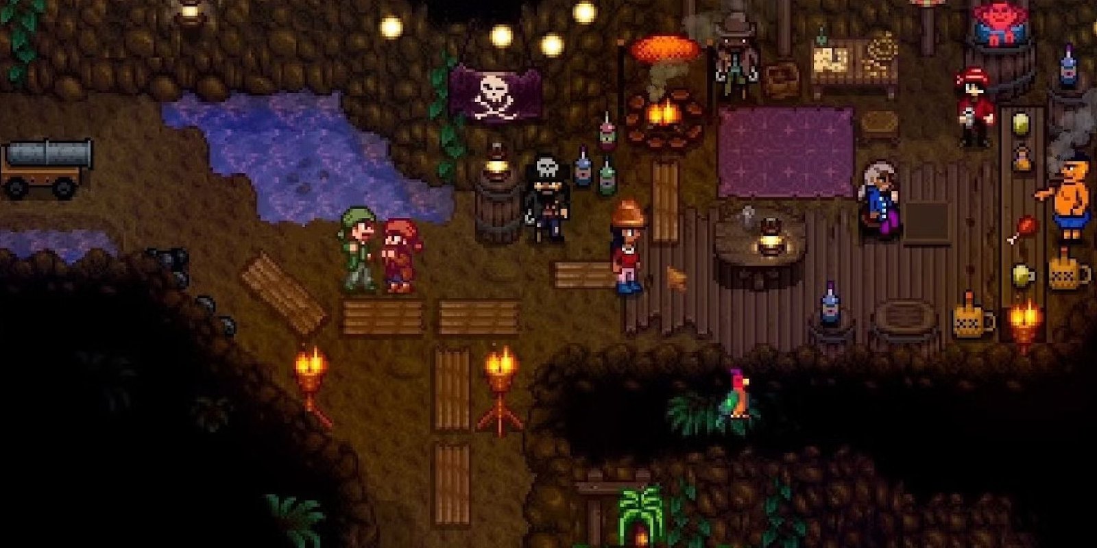 stardew valley inside pirate cove bar with other npcs