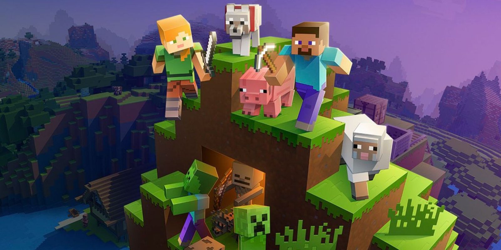 Promotional Art for Minecraft containing Steve and various mobs on a grassy mountain.