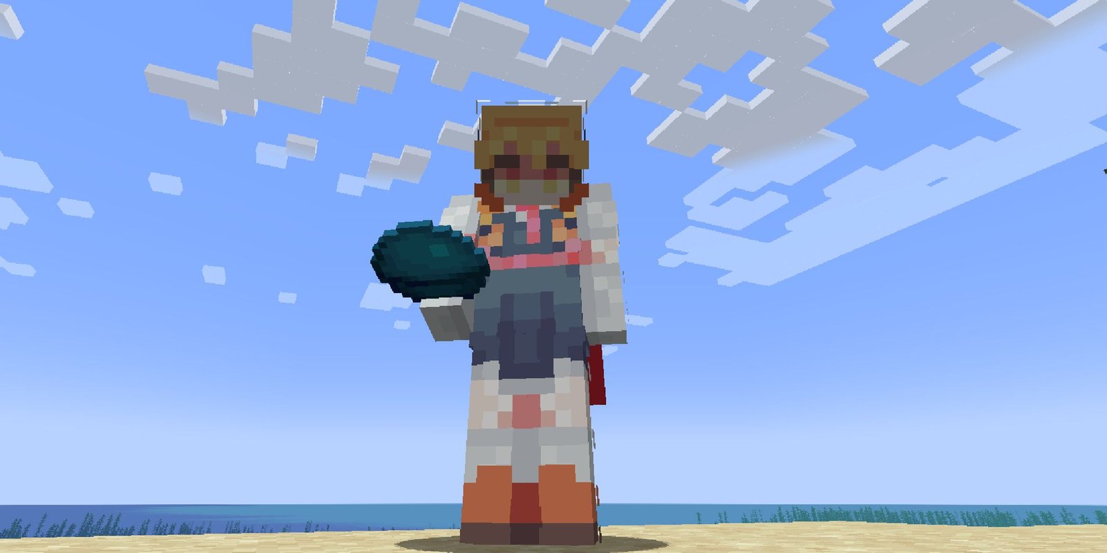 minecraft player holding a heart of the sea