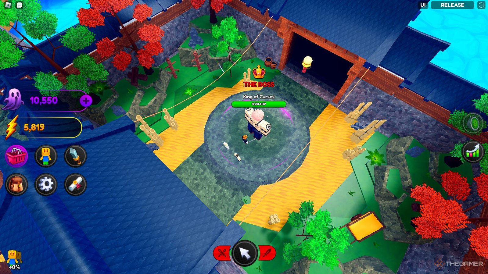 a player fights the first boss in Roblox Anime Souls Simulator X, the King of Curses