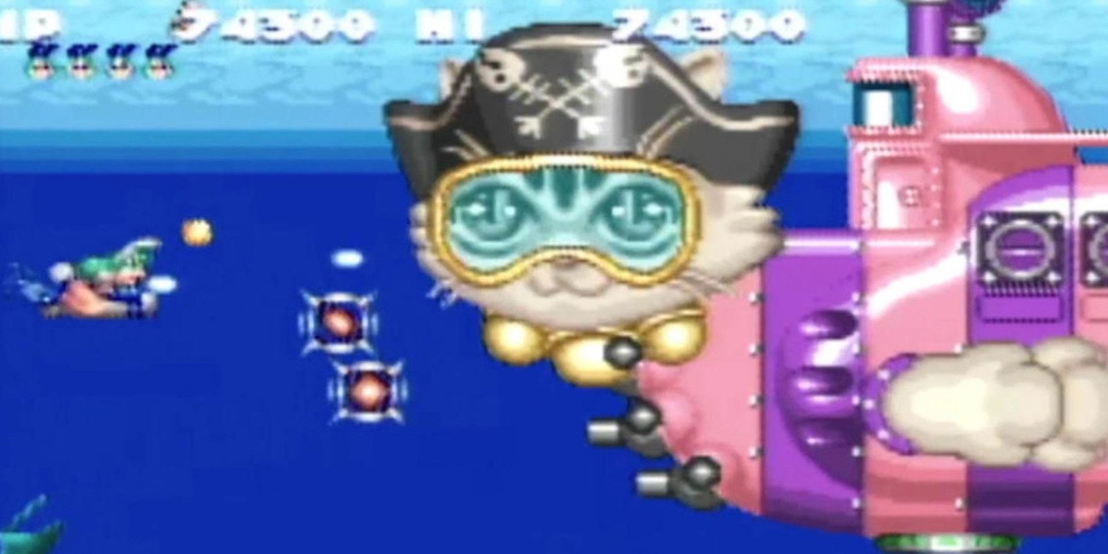 an underwater ship with a cat head boss battle