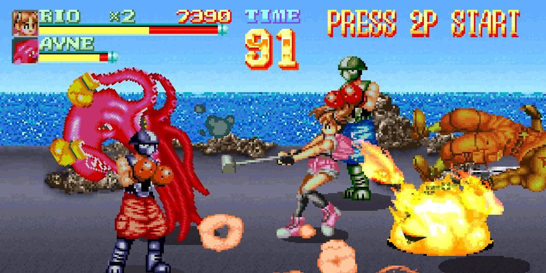 the daughter in Nekketsu Oyako fighting several on screen enemies
