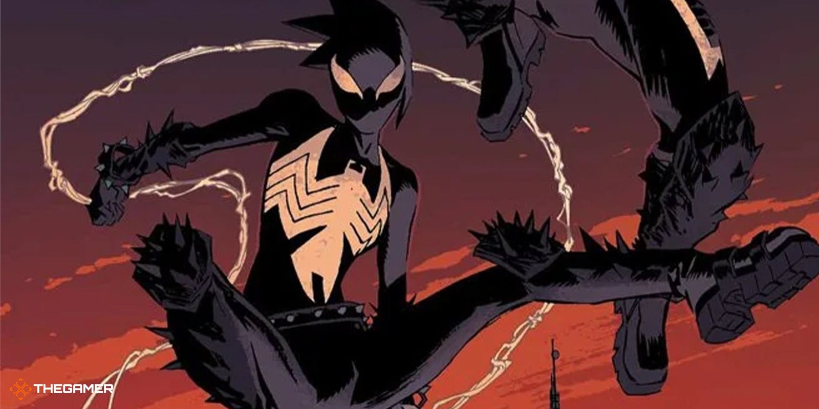 The Mania symbiote from Marvel comics, web-swinging against a sunset.