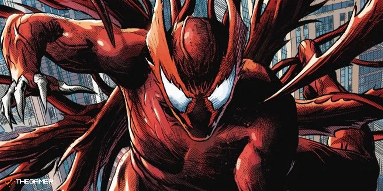The Hybrid symbiote from Marvel comics, high above a city.