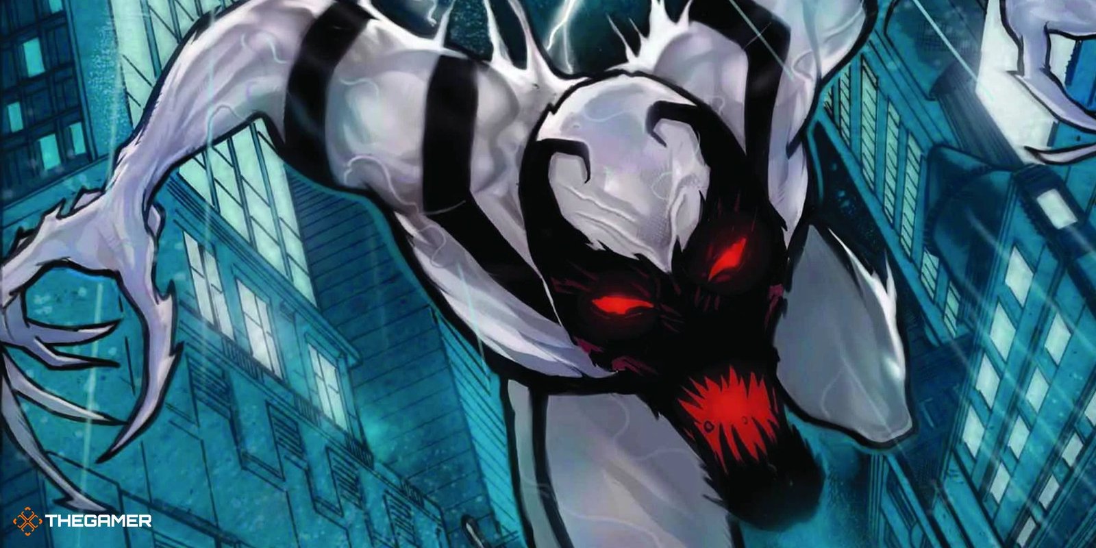 The Anti-Venom symbiote from Marvel comics, leaping high above the city at night.