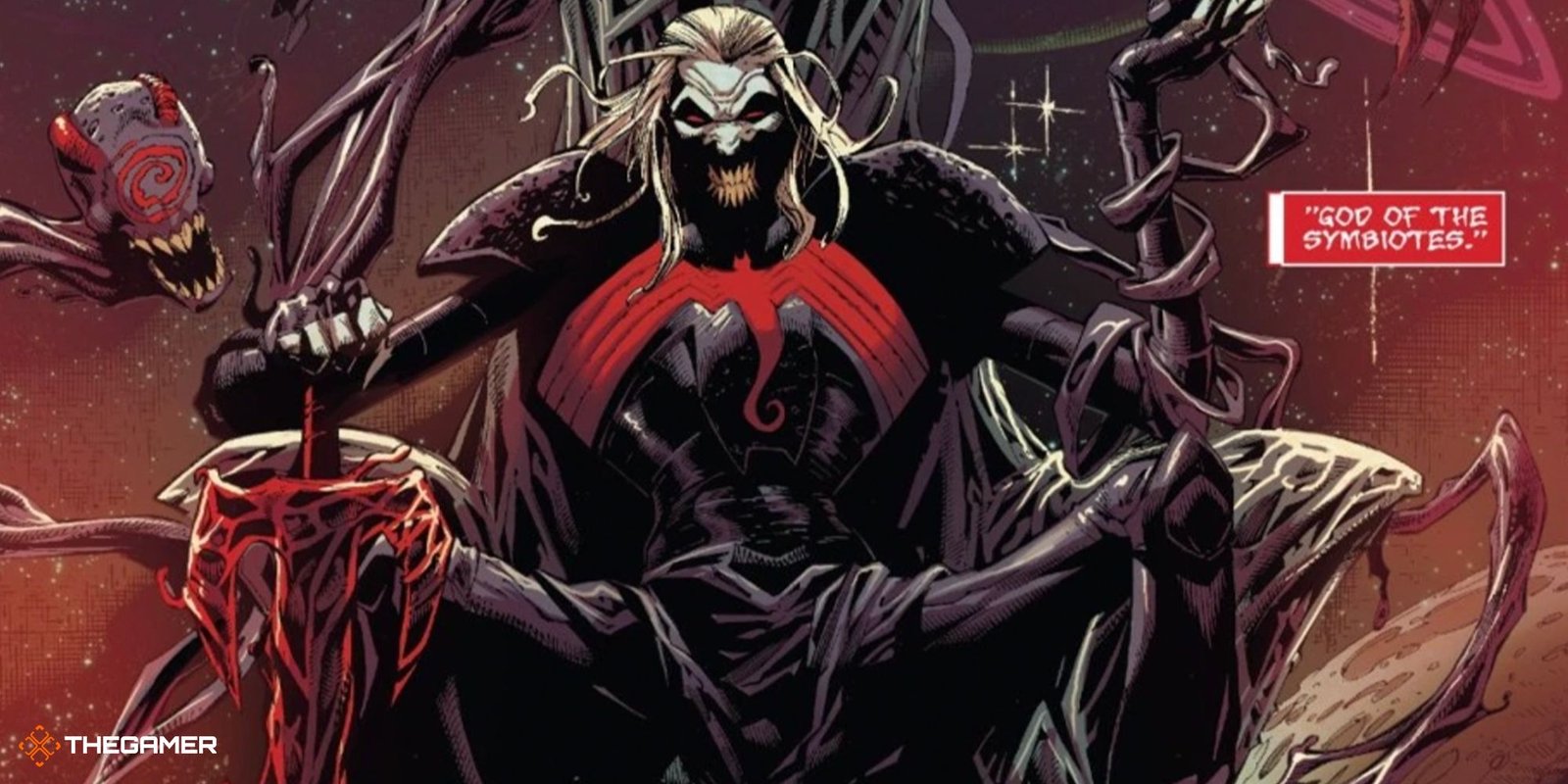Knull, God of Symbiotes, sits on his throne in space with an evil grin.