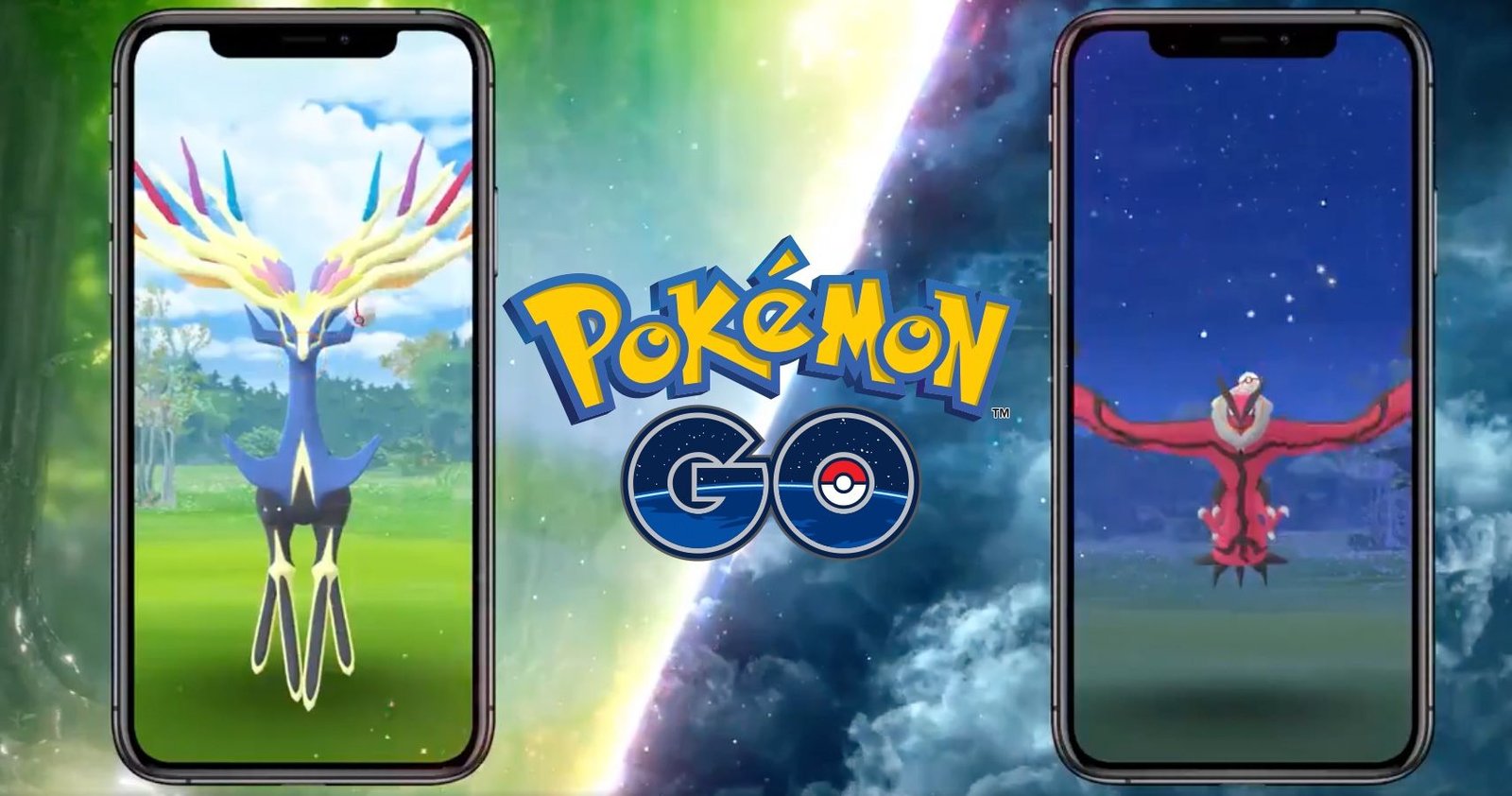 Legendary Pokemon displayed on two phones