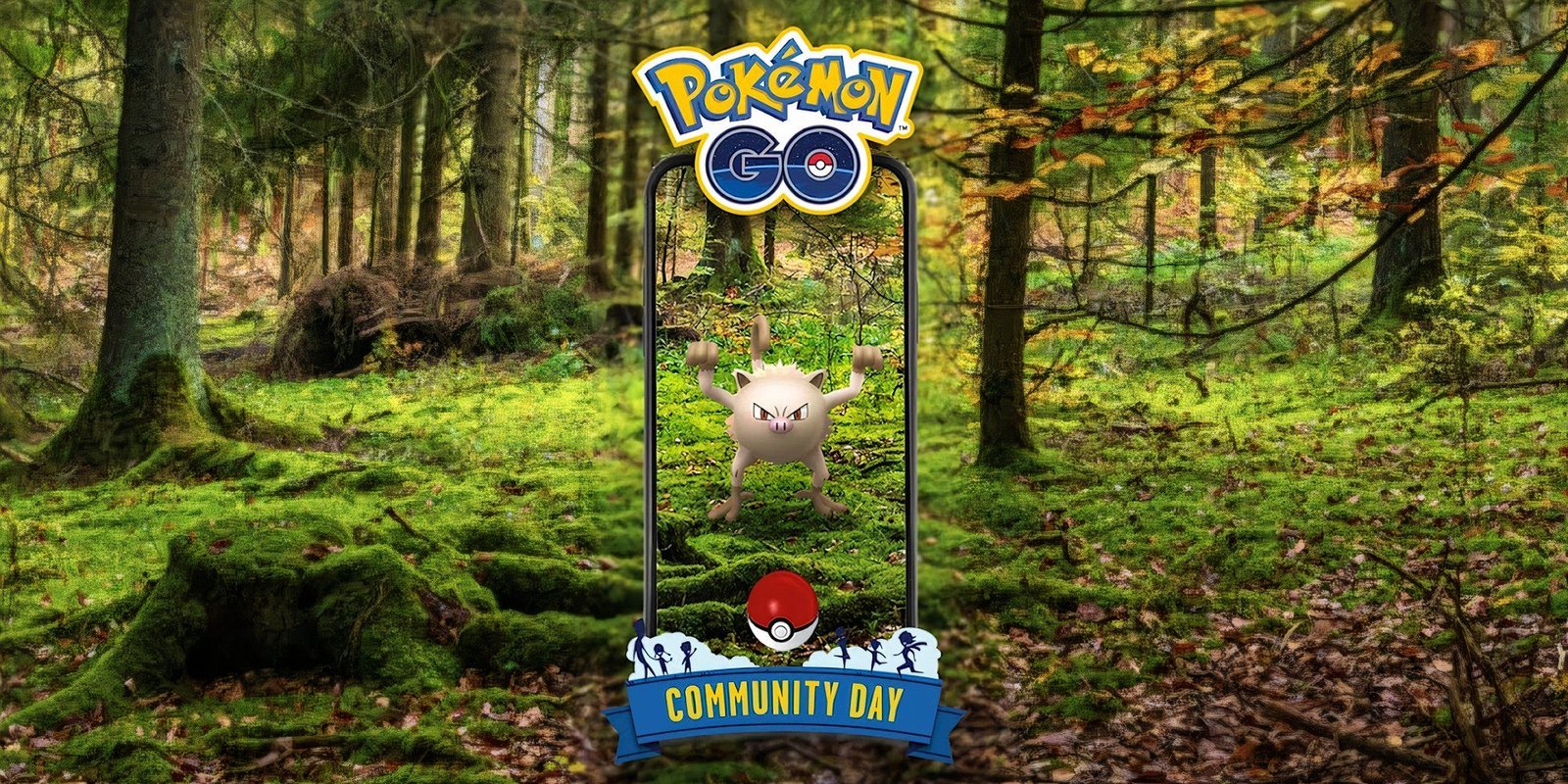 Image of Mankey with a Community Day frame around them, with a forest as the background.