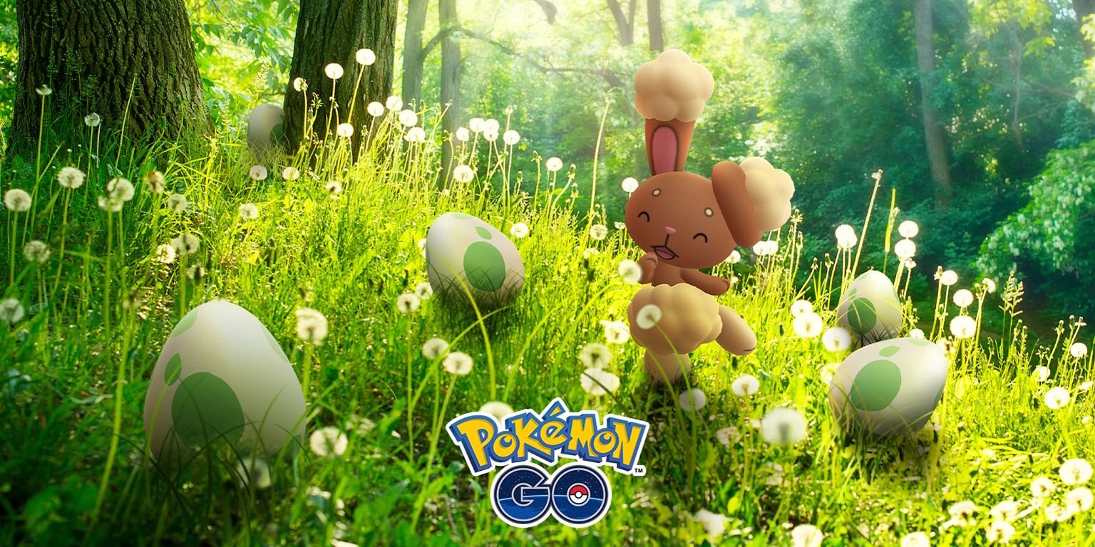Buneary in a grassy field, surrounded by four different Pokemon Go Eggs