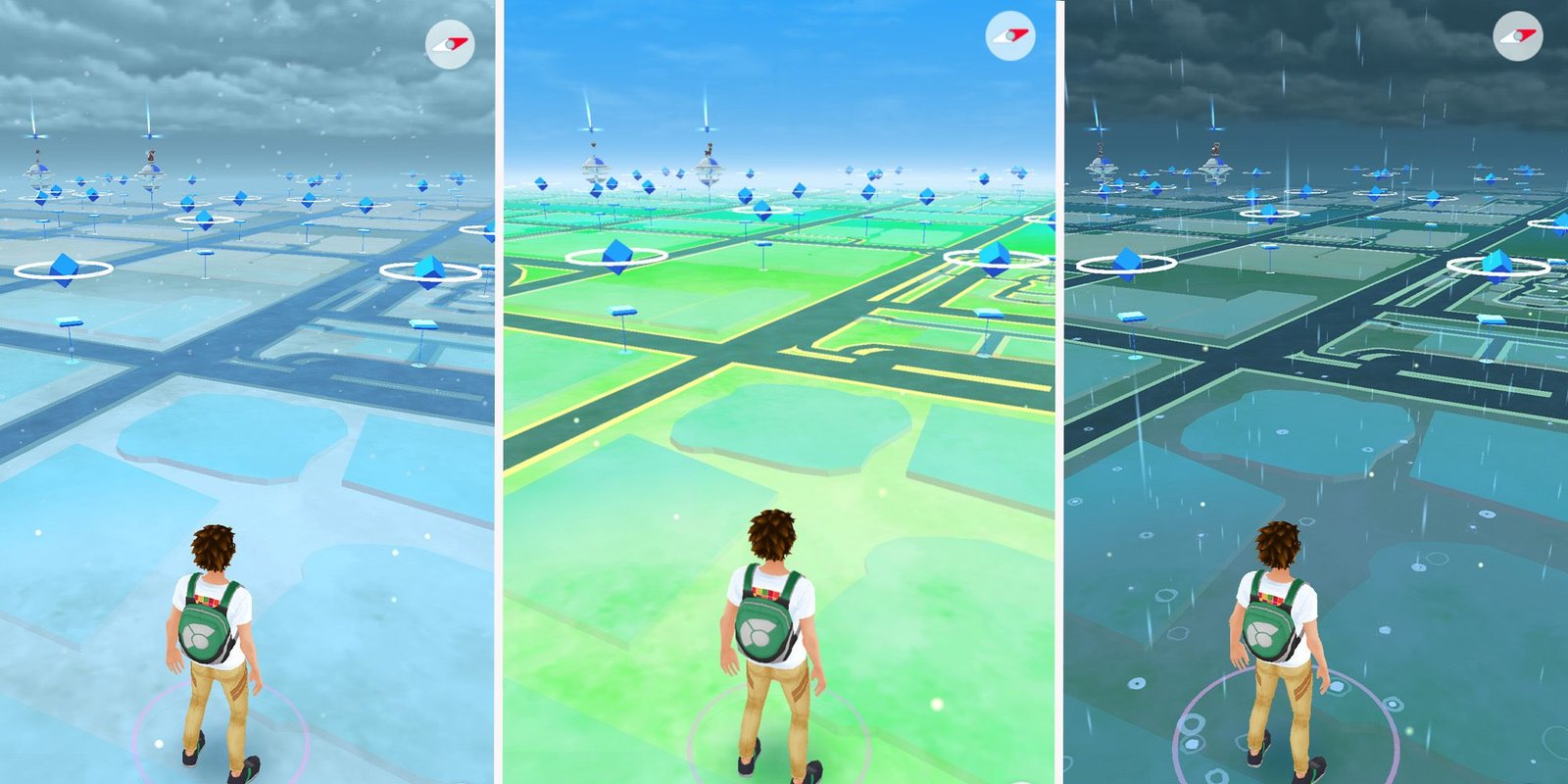 Three types of Weather in the Pokemon Go Overworld, Sunny, Rainy, and Snowy