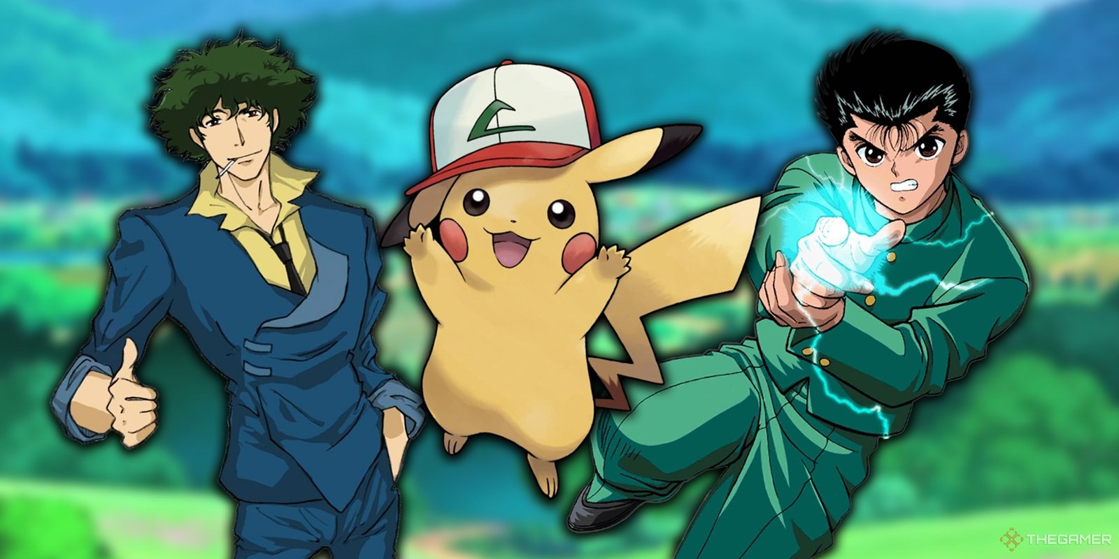 Spike from Cowboy Bebop, Pikachu, and Yusuke Urameshi from Yu Yu Hakusho.