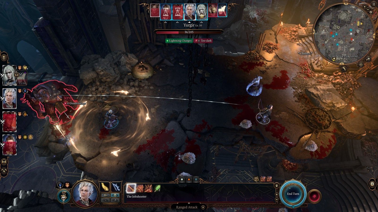 Astarion Shoots Yurgir Who Is Revealed And Pinned By Cleric Spirit Guardians