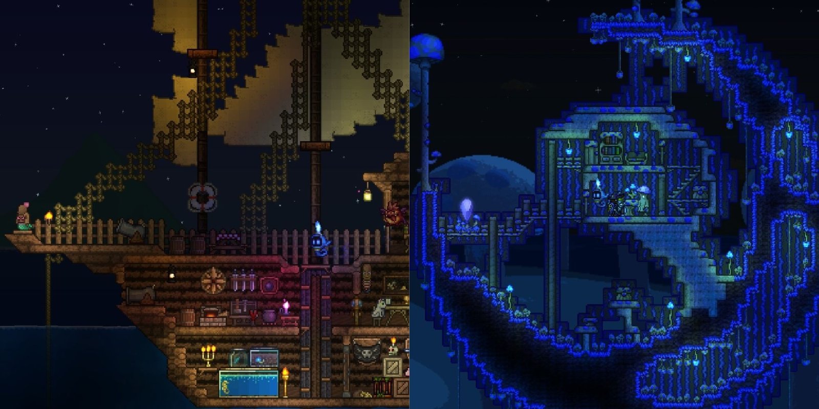Split feature image for Terraria showing a pirate ship and a blue mushroom biome inspired house.