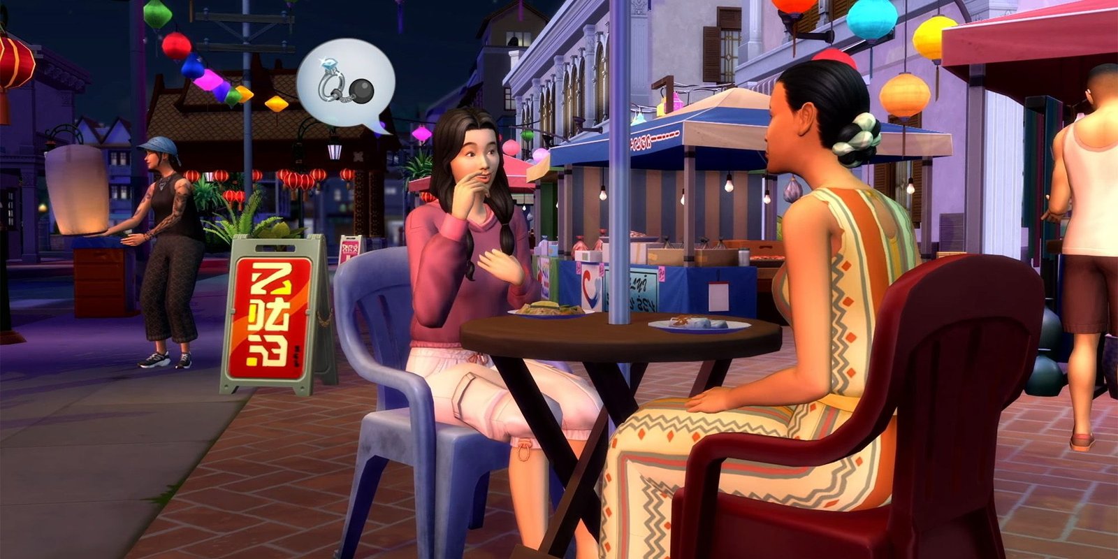 Two Sims talking over dinner in an outdoor diner from The Sims 4.