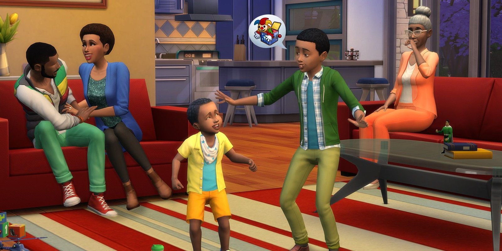 A family of Sims playing in a living room in The Sims 4