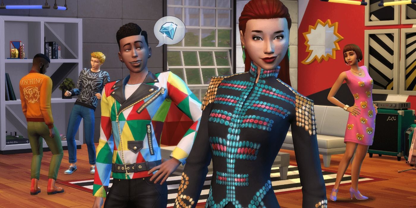 two sims in a central focus in moschino clothing. They are in a loft apartment with other sims in the background.
