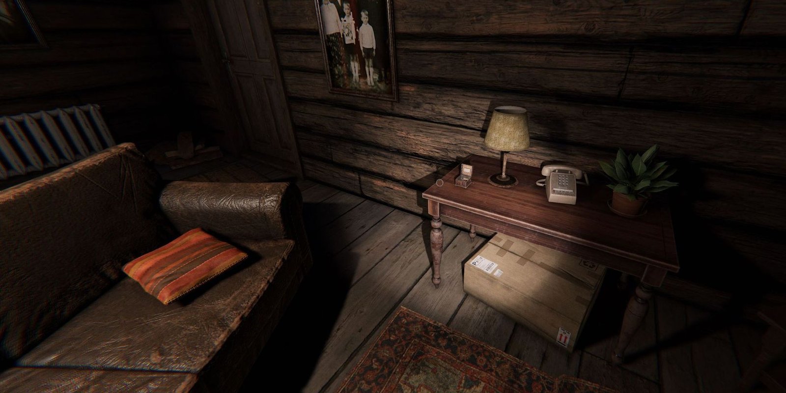 Image depicts a small music box on a wooden table next to a lamp and telephone in Phasmophobia. This image is on Bleasdale Farmhouse.