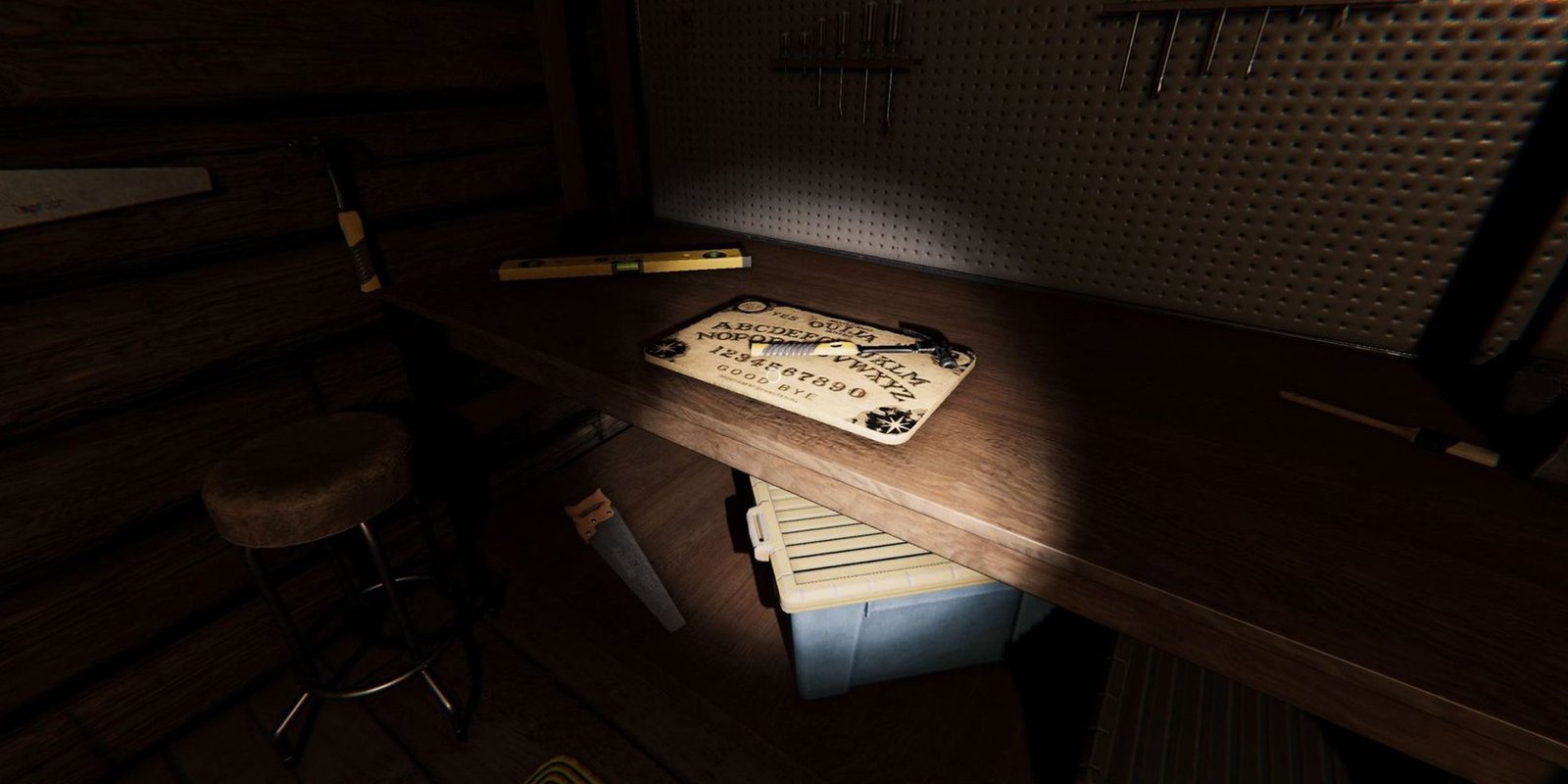 Image depicts a oujia board on a wooden desk with a hammer on top on Bleasdale Farmhouse in Phasmophobia. 